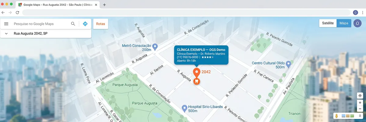 Localização da Clínica Exemplo Odontologia — Rua Augusta, 2042 - Sala 12